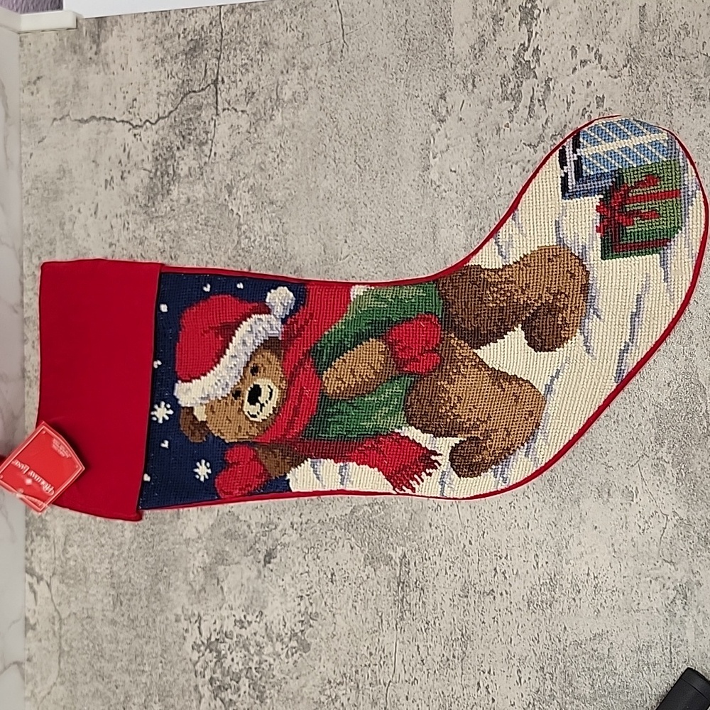Vintage Macy's Teddy Bear Needlepoint stocking with Velvet backing